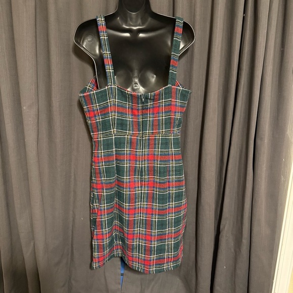 NEW Copper Key Red Green Gray Plaid Jumper Mini Dress Slit Academia Size L - Picture 2 of 7